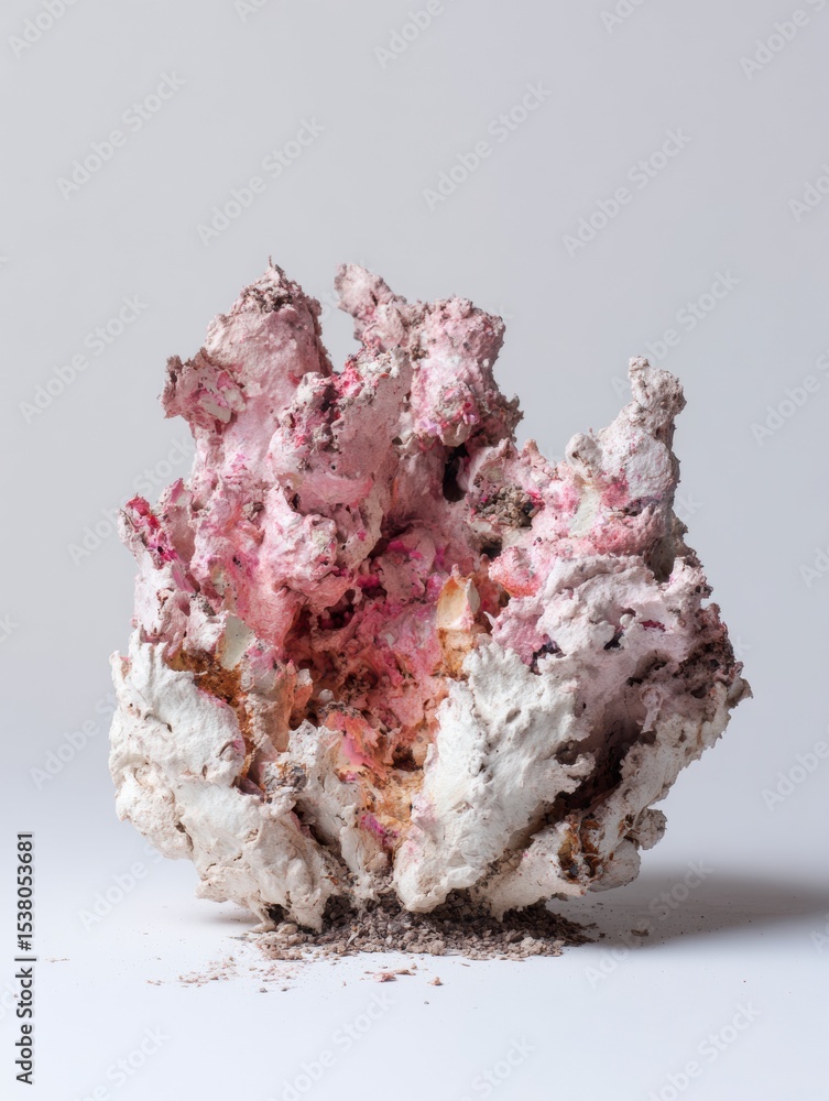 Aufkleber Melting Clay Form Sits on a White Base, Creating an Intriguing Display of Texture and Color in a Contemporary Art Setting