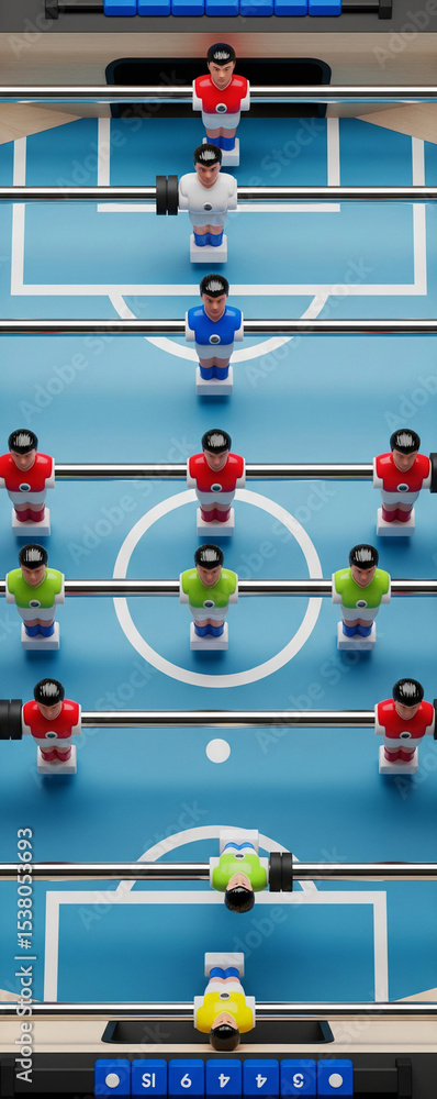 Fototapete overhead view of a foosball table with colorful players, showcasing a game in progress, symbolizing 
