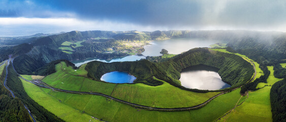 Sete Cidades volcanic lake - panorama landscape, Azores, Portugal