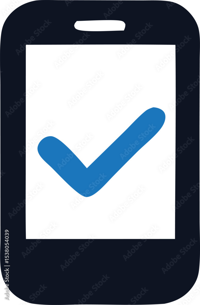 Poster mobile phone screen displaying a bold blue checkmark icon indicating completion or confirmation