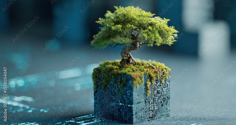 Poster bonsai tree growing from a microchip, symbolizing the fusion of nature and technology in a futuristi