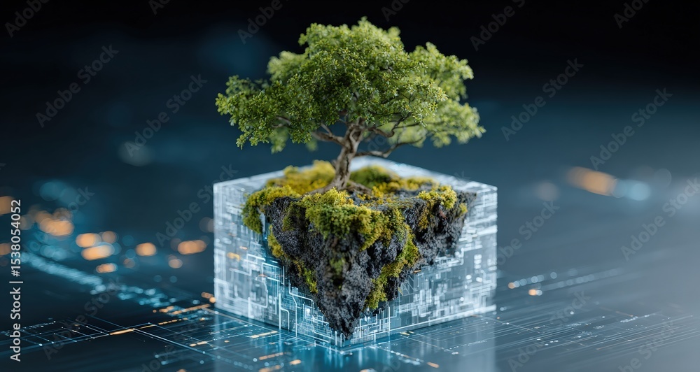Poster Lush green tree thriving atop a transparent cube adorned with intricate circuit patterns, embodying the fusion of nature and technology for a sustainable future