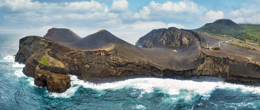 Aerial view Capelinhos volcano, lighthouse of Ponta dos Capelinhos coast on Faial island