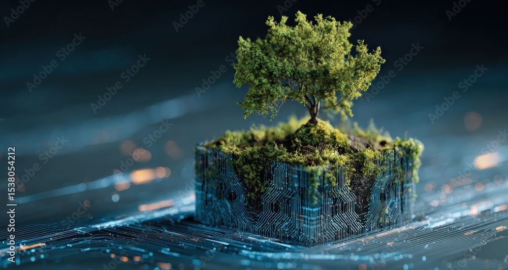 Poster lush green tree growing from a futuristic microchip, symbolizing the fusion of nature and technology