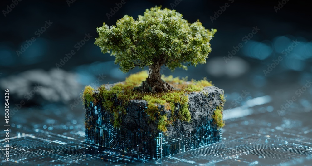 Aufkleber Green tree grows on top of a cube with circuit patterns, symbolizing the integration of nature and technology