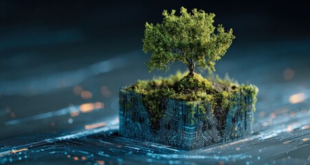 Lush green tree growing from a futuristic microchip, symbolizing the fusion of nature and technology for a sustainable future