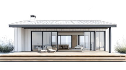 A large white house with a large open living room and a large deck. The house is modern and has a lot of glass windows