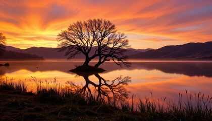 Obraz premium Serene sunset over tranquil lake features lone tree silhouetted against vibrant orange and purple skies, reflecting beautifully on water surface. scene evokes sense of peace and natural beauty
