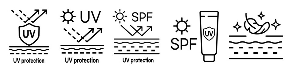 Sun protection factor (SPF) and UV filter, skin protection line vector illustration, 자외선 차단지수(SPF)와 UV 필터,피부보호 라인 벡터 일러스트