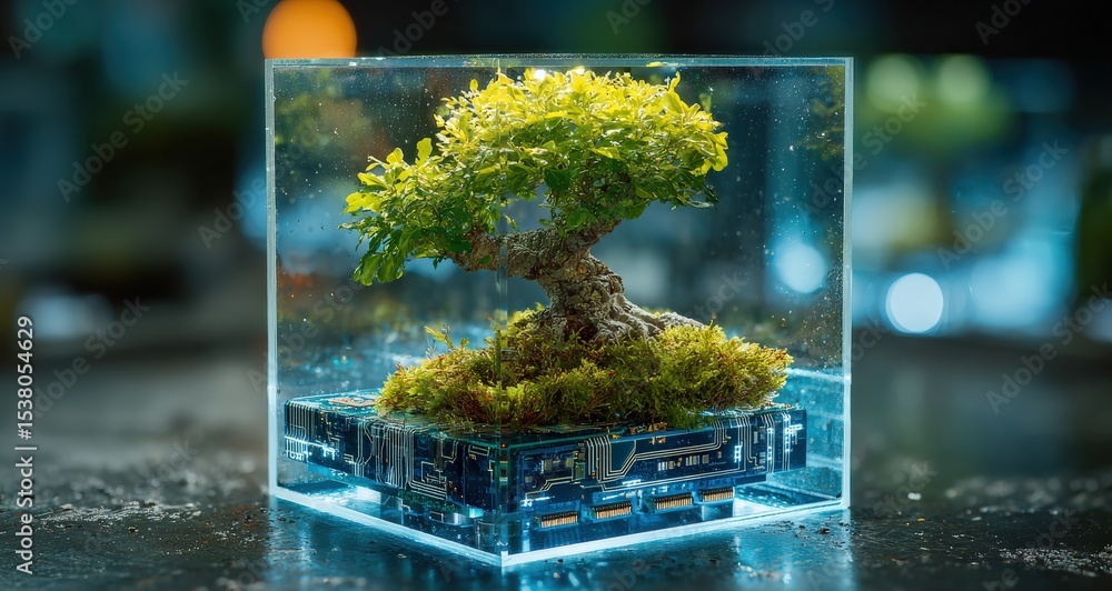 Poster Bonsai tree growing inside glass cube placed on circuit board, representing the connection between technology and the environment