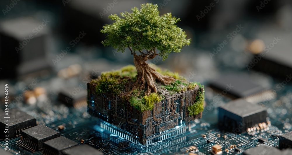 Poster lush green tree growing on a digital cube against a circuit board backdrop, symbolizing the fusion o