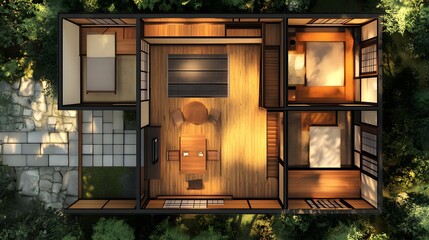A small house with a wooden floor and a dining table. The dining table is surrounded by chairs