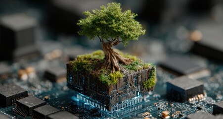 Lush green tree growing on a digital cube against a circuit board backdrop, symbolizing the fusion of nature and technology for a sustainable future