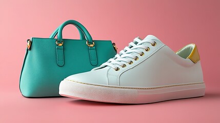 White sneaker with gold details and teal handbag with gold accents on pink background, conveying fashion, elegance and accessory pairing vibes