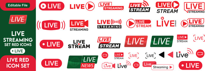 Live streaming icon set. Social media, broadcast, blog, live shows, news, live stream, red, frame, and video content flat icon. Vector illustration