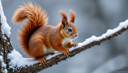 Fototapeta premium Red squirrel perched on snow covered branch, showcasing its vibrant fur and bushy tail. serene winter background enhances beauty of this playful creature, evoking sense of wonder