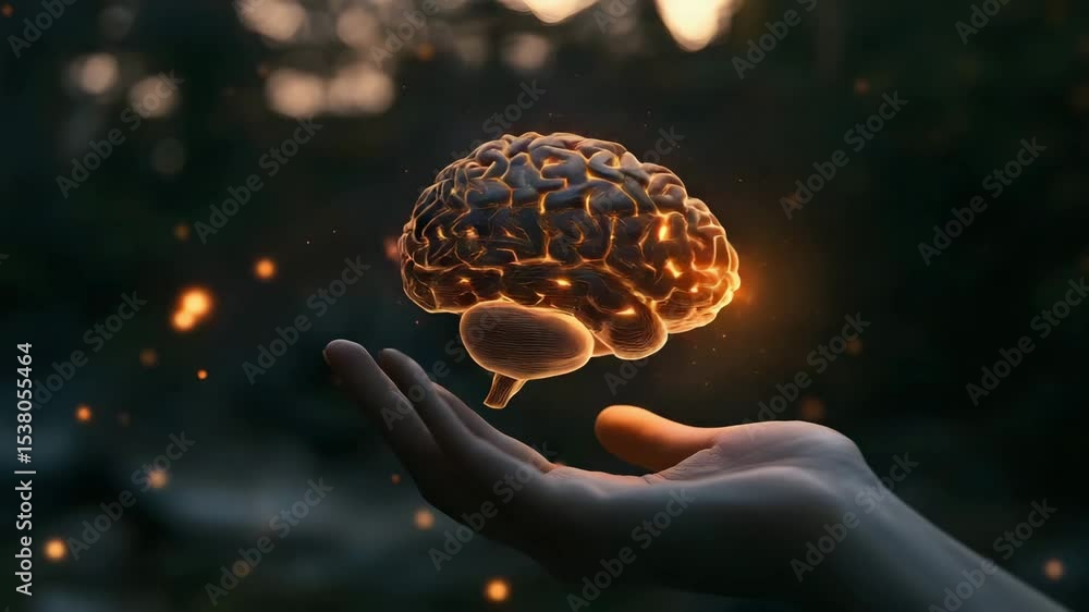 Poster glowing orange brain floating above open hand with dark blurred background symbolizing intelligence 