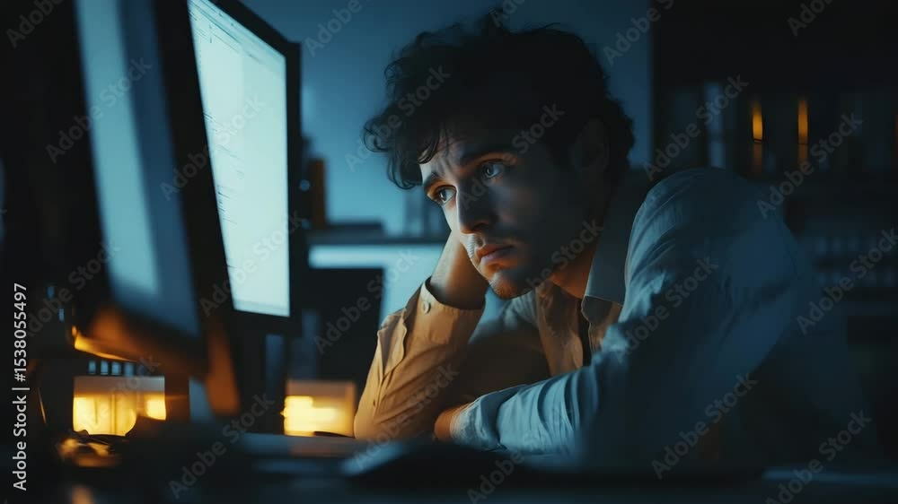 Aufkleber man working late night in office, tired and thoughtful, using computer screen with warm ambient tech