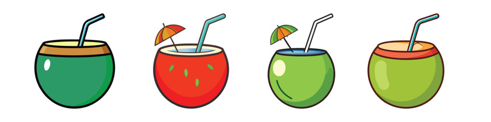 Coconut Drink Flat Illustration Tropical Summer Beverage & Healthy Refreshment