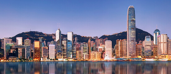 Hong Kong at night, Financial downtow with skyscrapers