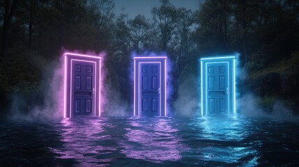 Neon doors in a flooded forest at night.