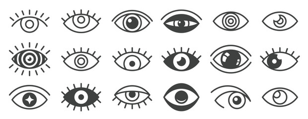  open eyes symbols outline human eye optic icons eyeball eyelashes linear signs vision health ophthal