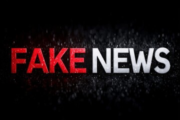 Fake news text in rain effect, Red and white type on dark background, Dramatic design for media misinformation theme