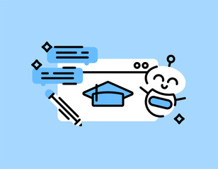 digital learning concept. learning using artificial intelligence. learning assistant. education and technology. illustration of application window with graduation cap and robot symbol. flat style