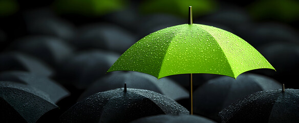 Bright Green Umbrella Standing Out Among Wet Black Umbrellas in Rainy Crowd