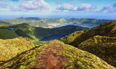Walking path leading to a view on the lakes of Sete Cidades, Azores, Portugal