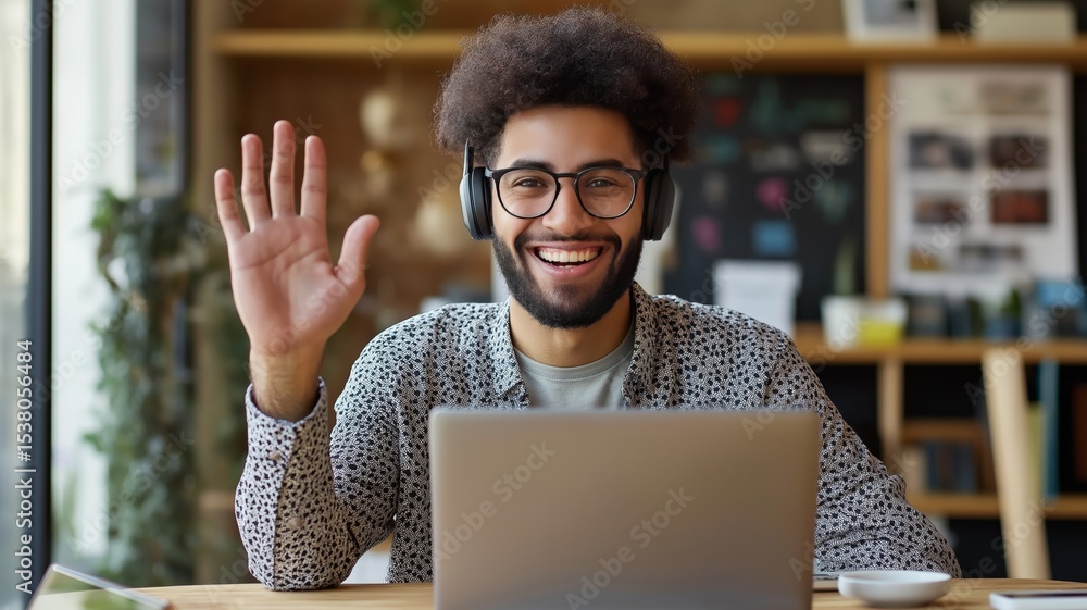 Poster young man waving hello while working on a laptop in a modern workspace during daylight hours
