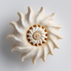 Obraz premium Spiral Seashell Centered on White Background with Soft Commercial Lighting and Sharp Texture Detail. Clean Studio Product Composition.