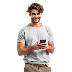 Ai generated image of man smiles while looking at his smartphone isolated on white background