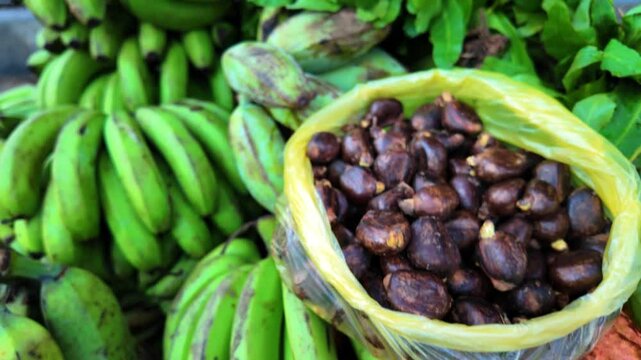 close up exotic tropical fruits on a market stall. Caribbean culture