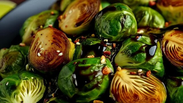 Close up of roasted brussels sprouts with balsamic glaze and sprinkled nuts on a black plate for a tasty vegetarian side dish
