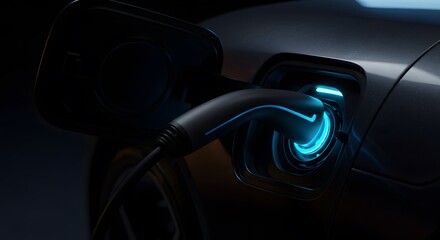 Close-up of an electric car being charged at night, with a glowing blue light
