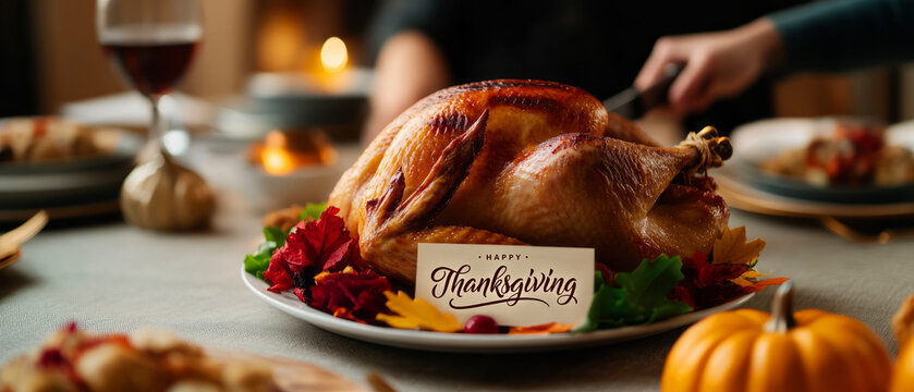 Thanksgiving Dinner Presentation with Roast Turkey, Fall Leaves, and Festive Decorations - Powered by Adobe