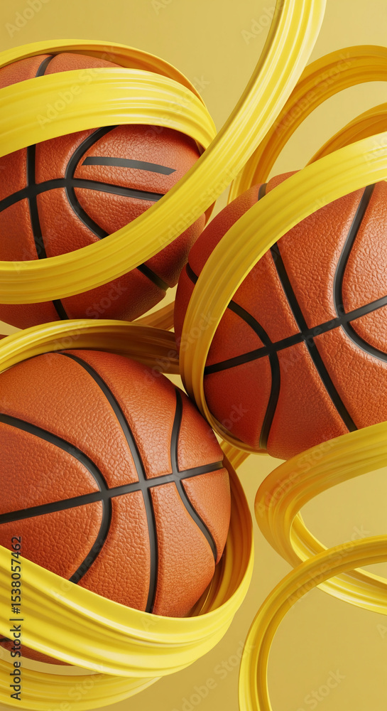 Poster three basketballs nestled within yellow abstract swirls against a yellow backdrop, creating a dynami