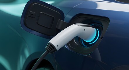 A blue electric car at a charging station with the plug inserted