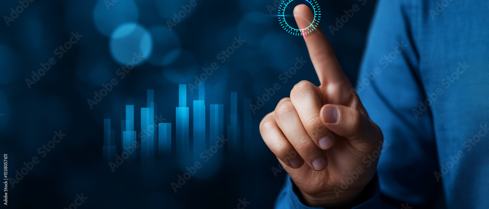 Poster hand touching digital interface with graphs and light effects in blue tone background
