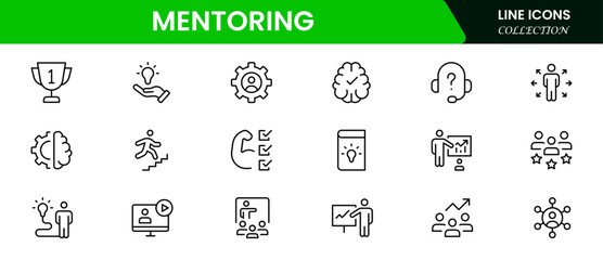 Supportive vector web line icons depicting mentoring, guidance, coaching, knowledge sharing, and professional growth for empowering personal development.