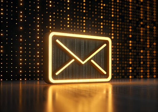 Digital email symbol displayed against a backdrop of glowing binary code. The email icon is highlighted with golden light, creating a sense of technology and communication - Powered by Adobe