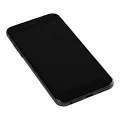 Black smartphone angled view with dark screen isolated on white background, tech device for branding mockups