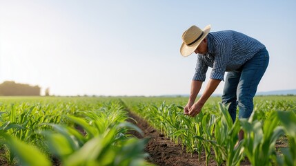 Male farmer in straw hat bending down to inspect young corn plants in a lush green field under bright sunlight, showcasing dedication to agriculture and connection with nature