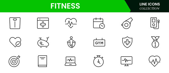 Vibrant vector web line icons depicting health, fitness, exercise, nutrition, wellness, and active lifestyles for optimal well-being.