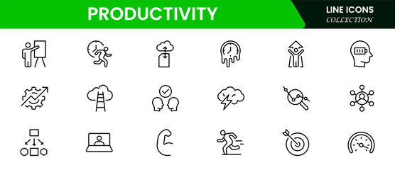Efficient vector web line icons depicting productivity tools, task management, time optimization, workflows, and goal-driven performance solutions.