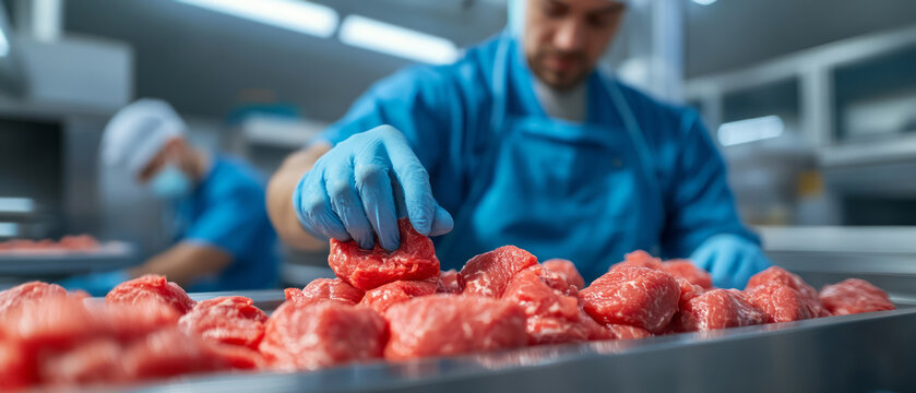 Fresh Raw Beef Chunks in Food Processing Facility by Worker with Gloves and Blue Uniform - Powered by Adobe