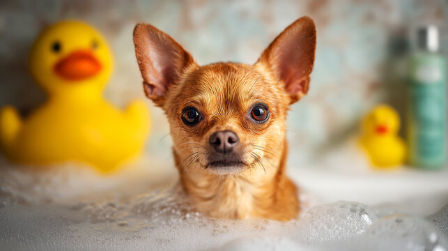 Cute Chihuahua Dog Relaxing in Bath with Bright Yellow Duck Toys and Bubbles Surrounding It - Powered by Adobe