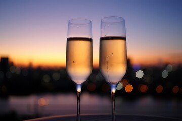 Obraz premium Two Champagne Flutes Filled with Golden Sparkling Wine at Sunset Over a Cityscape with Blurred Lights Bokeh Effect Romantic Evening Toast Celebration City View