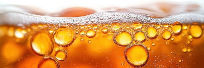 Close-up of carbonated amber liquid with bubbles and foam, highlighting texture and effervescence.